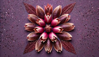 Glitter-covered tulip petals arranged in a harmonious, symmetrical pattern on a rich purple background