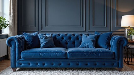 Luxurious blue velvet chesterfield sofa dominates the room, plush tufted buttons catching the light against crisp white rug, a sophisticated indoor haven