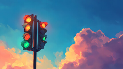 Traffic light standing tall against a vibrant blue sky, each light glowing bright, red, orange, and green, signaling clear instructions. Stonelight. Illustration