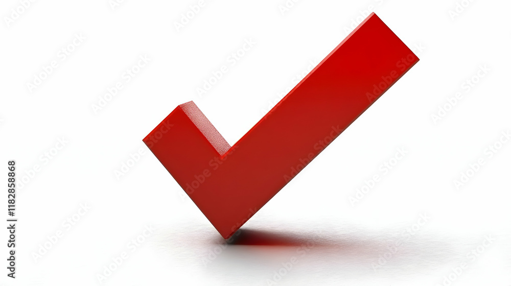 Poster 3d red check mark symbol stands on white background and casts a shadow