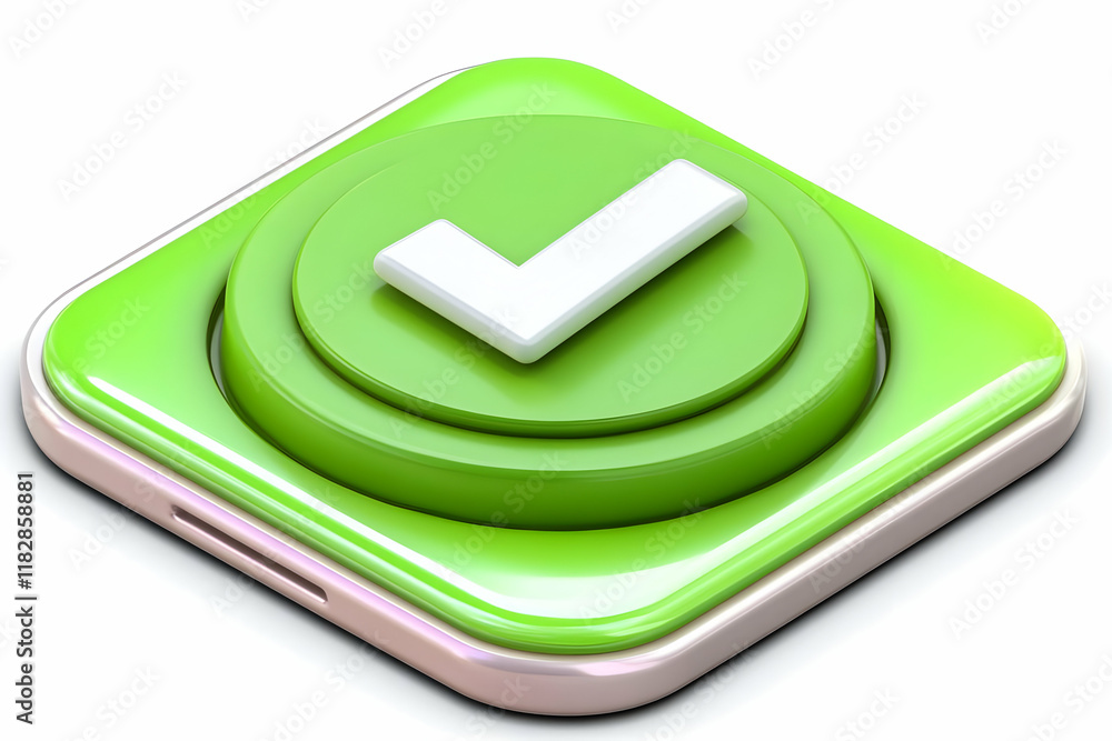 Poster 3d green check mark button on a rounded square base glossy finish