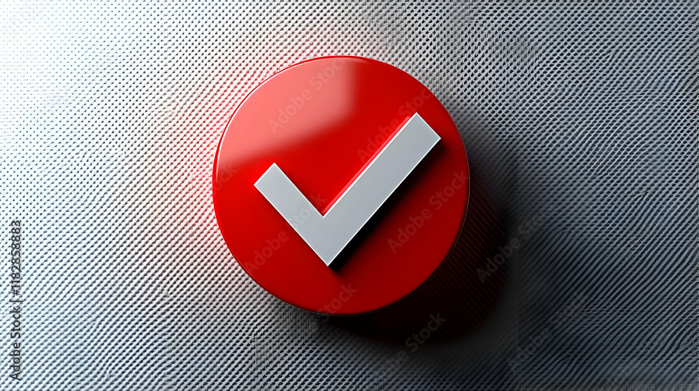 Poster 3d red circle with white check mark on textured metallic background shows approval