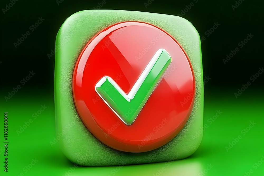 Poster 3d green check mark icon represents approval on a red circle button successfully completed task