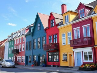 Fototapeta premium Colorful old houses lining the streets of the village of Saint Jean on the picturesque ?le d'Orl?ans near Quebec City, Canada, travel, Canadian, island