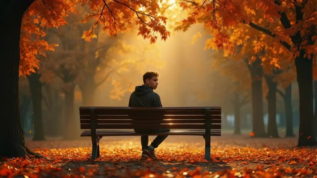 Lonely sad young man sitting on bench in autumn park, back view, surrounded by trees with orange falling leaves. Concept of solitude, depression and seasonal melancholy
