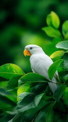 Obraz premium A white parrot with an orange beak perches amidst lush green leaves, creating a striking contrast in the vibrant jungle.