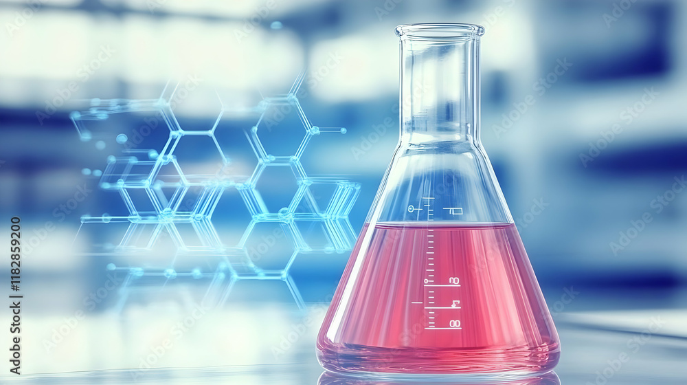 Aufkleber erlenmeyer flask contains pink liquid sits in laboratory setting with molecular structure background