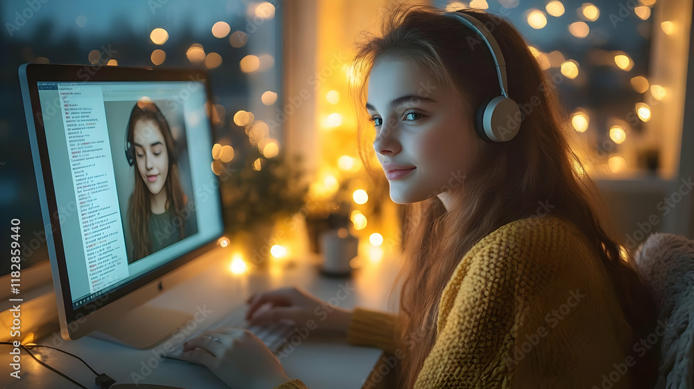Aufkleber young girl learns programming language on computer in cozy room with warm lighting at night