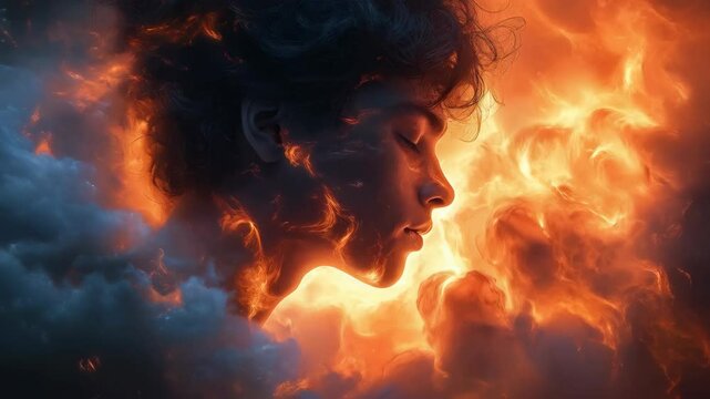 Young male face in profile with closed eyes surrounded by clouds, fire tongues embracing face expressing deep emotional turmoil, inner struggle, passionate feelings. Emotional burnout, transformation