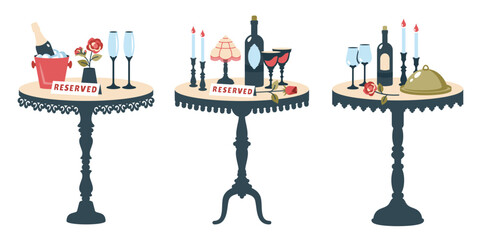 Set of reserved tables for two. Beautiful romantic dinner. Romantic setting. Vintage Valentine table with cutlery, glasses, champagne, gift, candles in candlesticks, flower. Vector flat illustration