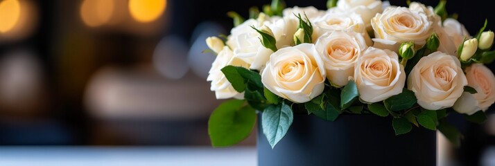 Obraz premium Elegant bouquet of cream roses with green leaves in a black vase. Bunner with copy space