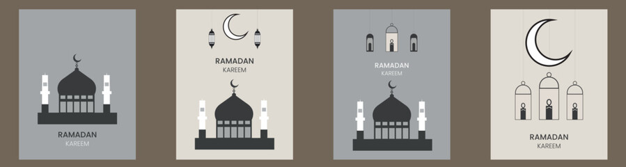Ramadan Kareem Set of posters, cards, holiday covers. Modern design in pastel colors with pattern, mosque, lanterns, and moon. vector illustration