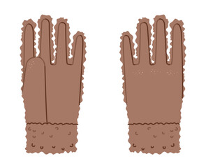 Fluffy Gloves Mocha Mousse cartoon Fashion hand accessory clothing technical illustration garment. Vector front back for Men, women, unisex style flat template CAD mockup sketch on white background