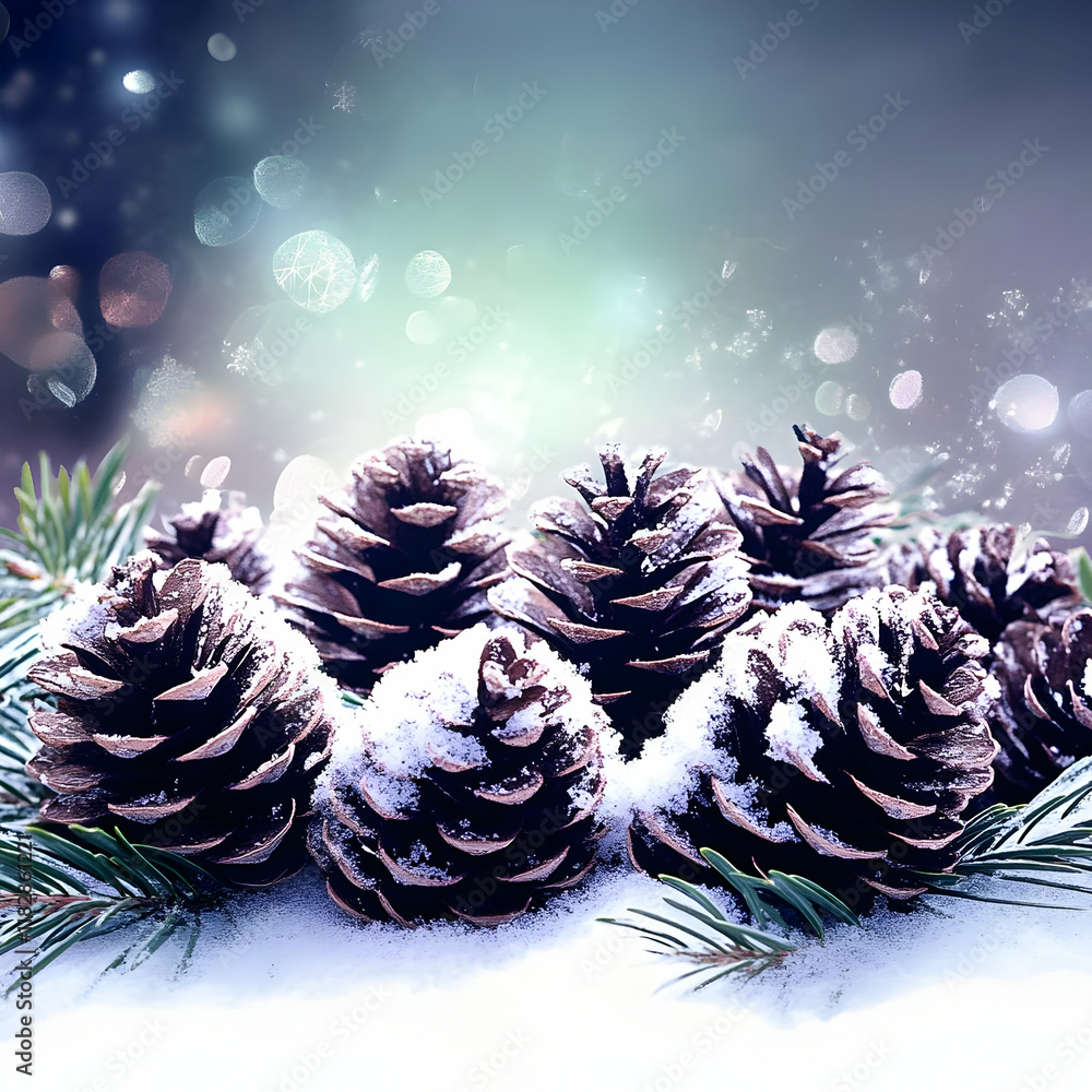 Poster Pine Cones Covered in Snow Rest on Snowy Surface with Pine Branches and Festive Bokeh Background