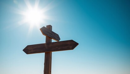 Wooden Signpost Directional Arrows Choice Decision Sunny Sky Blank Travel Direction Guidance