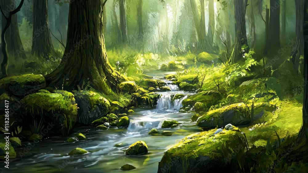 Poster lush forest with a gentle stream flowing through moss-covered rocks at dawn