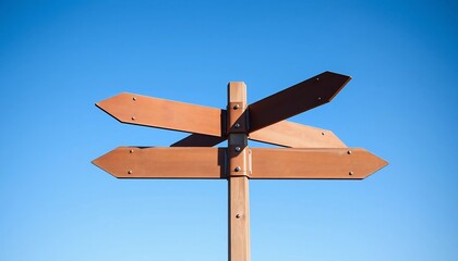 Four Way Wooden Directional Signpost Against a Clear Blue Sky Multiple Choices Decision Making