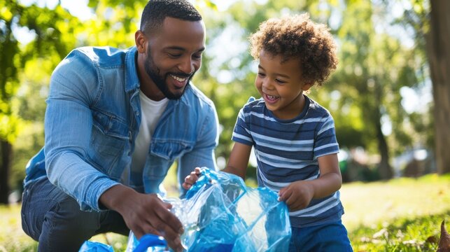father and boy recycling outdoors together on a summer day at the park - Powered by Adobe