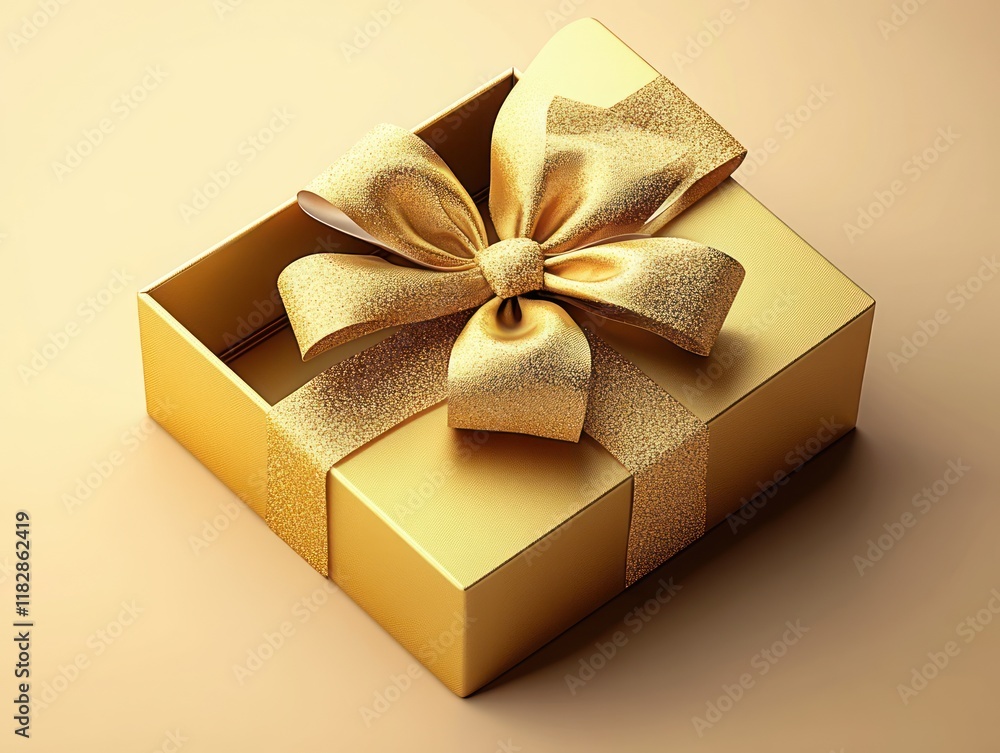 Poster open golden gift box with intricate bow top view 3d rendering isolated on white background