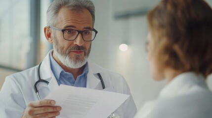 Obraz premium Friendly doctor in glasses explaining medical document to patient, sharing health information, healthcare communication concept