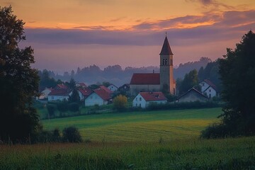 Fototapeta premium Tranquil Rural Landscape at Dusk with Village Church Tower and Soft Pastel Sky Over Lush Green Fields