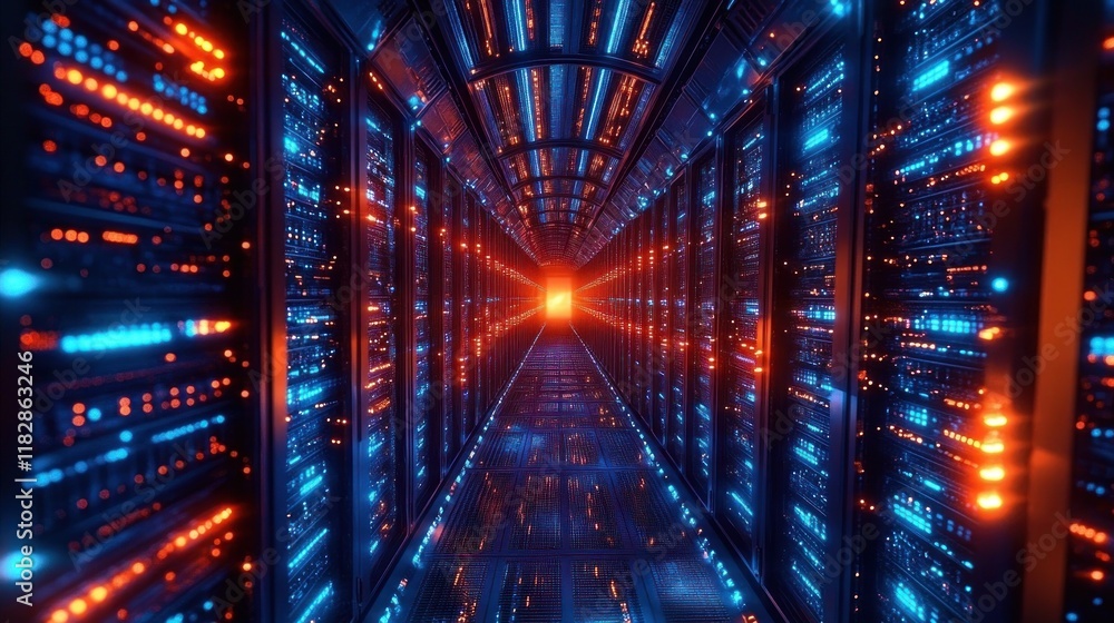 Poster futuristic data center corridor with illuminated server racks and glowing technology