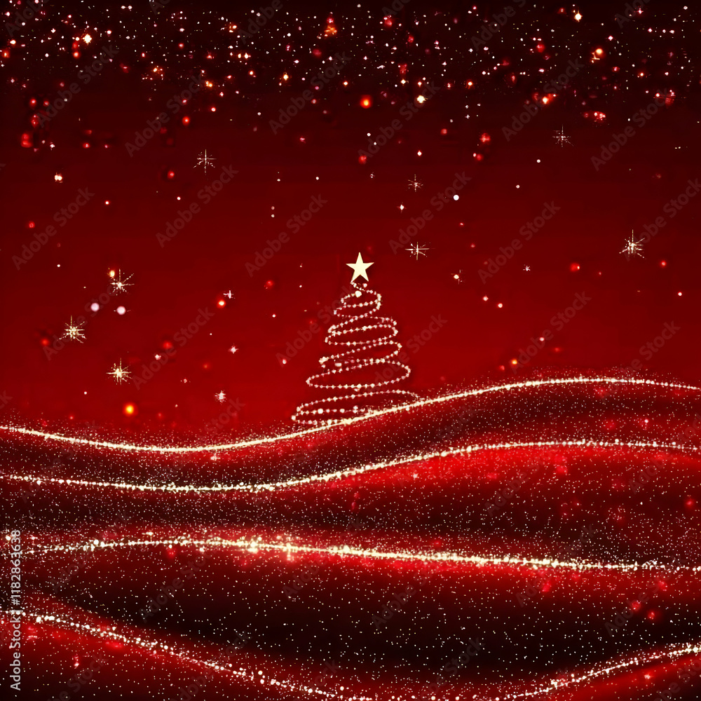 Aufkleber abstract christmas tree with glowing sparkles and waves on a red background