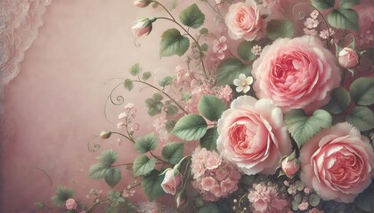 romantic floral background featuring pink roses and delicate ivy vines, creating a soft, charming atmosphere