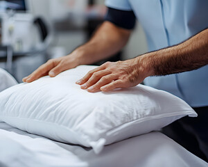 Person Arranging Pillow on Hospital Bed