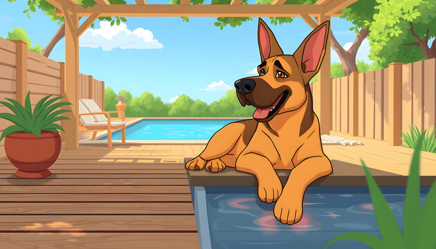 Un chien de race berger allemand dormant paisiblement sur une terrasse en bois au bord d'une piscine. isolated with white highlights
