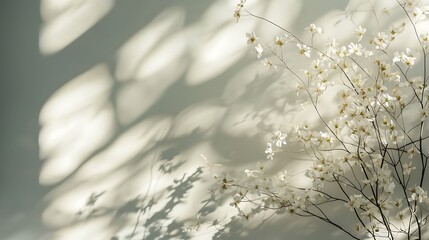Delicate white flowers cast shadows on a pale wall