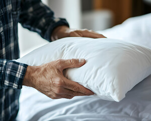 Person Holding White Pillow Above White Bedding