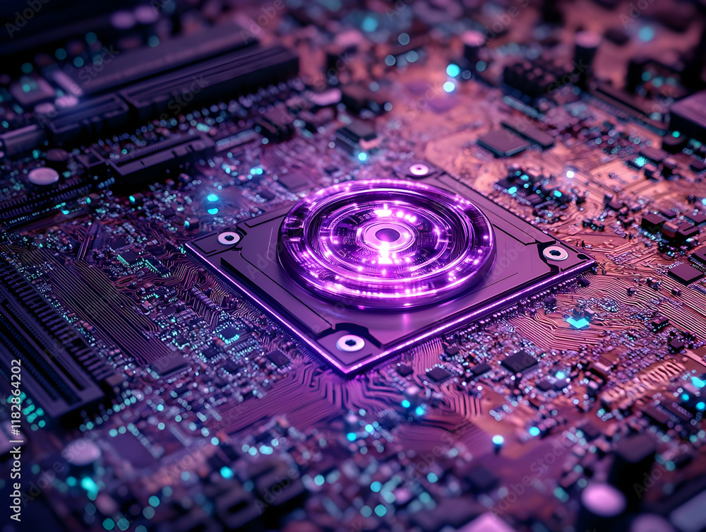 Poster futuristic circuit board with glowing purple core illuminates the complex network of connections.