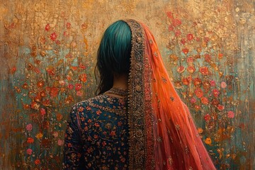 Traditional Indian Madhubani Art of a Woman in a Colorful Sari with Floral Patterns and Textured Background