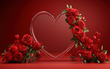 A romantic heart-shaped frame adorned with vibrant red roses and lush green leaves, embodying the essence of love and passion for Valentine's Day.