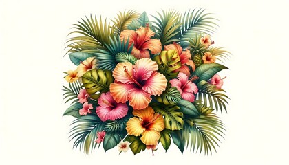 Fototapeta premium tropical floral backdrop with bright hibiscus flowers and palm leaves, evoking a sunny, warm atmosphere