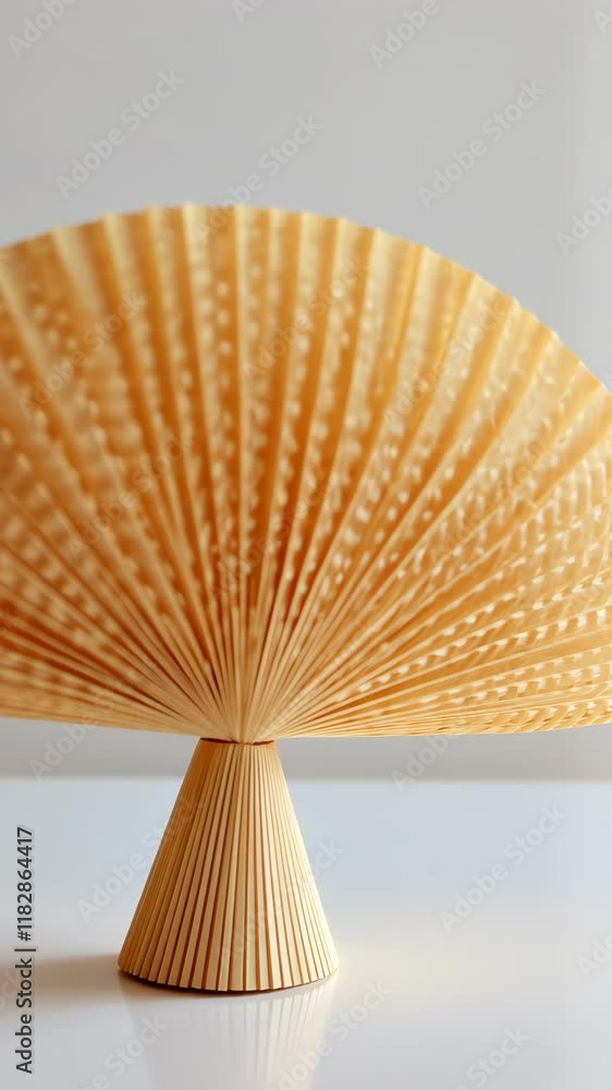Poster decorative paper fan displayed on a surface in a well-lit room showcasing intricate design and craft