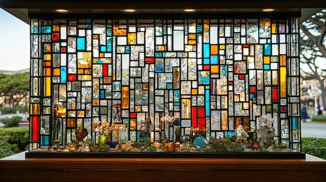 Intricate stained glass display with colorful patterns and decorative elements in a serene outdoor setting