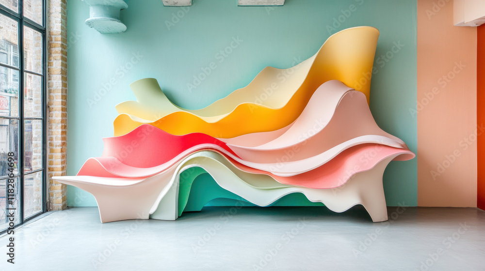 Poster parametric design, a dynamic pastel parametric bench design that flows elegantly, captured in high f