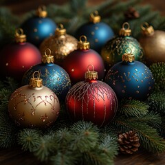 Colorful Christmas Ornaments and Pine Branches in a Minimalist Still Life Composition