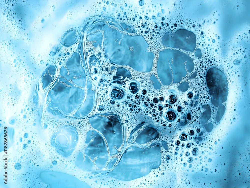 Poster Close-up of Soap Bubbles Creates an Abstract Pattern on Blue Background with Frothy Texture.