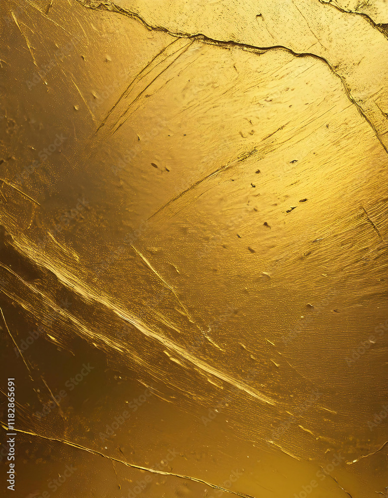 Poster a close-up view of a golden metallic surface with fine scratches and a brushed texture, reflecting l
