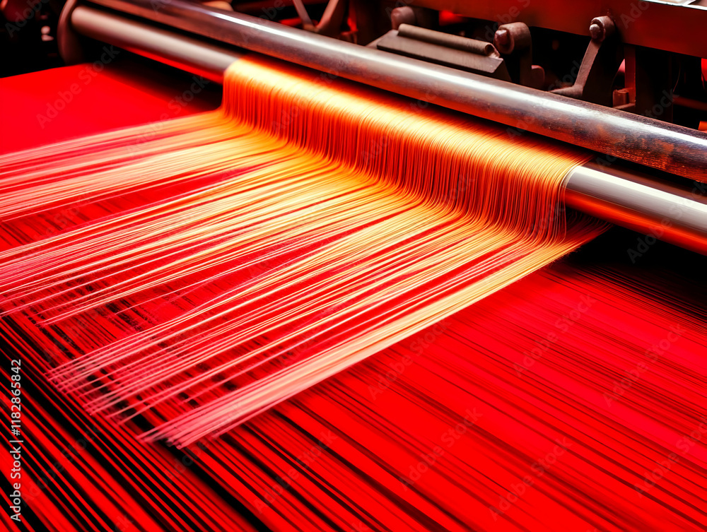 Poster red thread weaving machine in action creates vibrant textile with precision and speed.