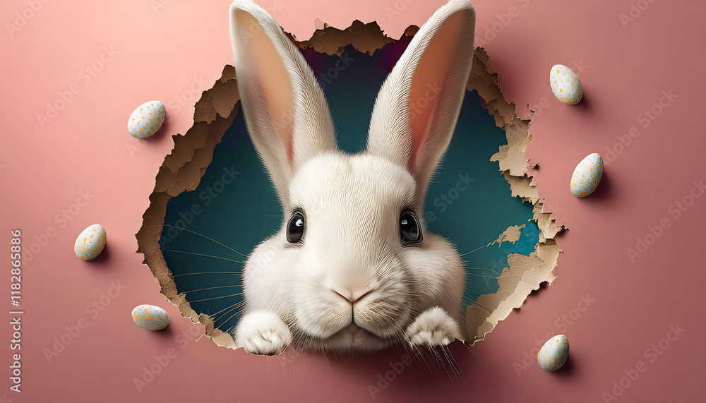Poster a cute white rabbit peeks through a hole in a pink wall, with its paws resting on the edge, creating