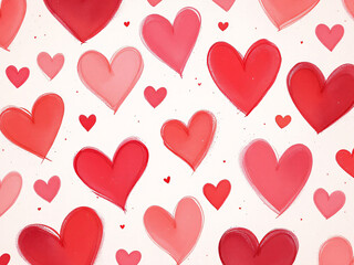 Repeating pattern of watercolor red hearts on a light background, evoking a romantic feel.