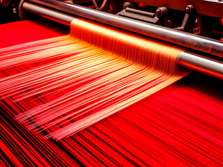 Red Thread Weaving Machine in Action Creates Vibrant Textile with Precision and Speed.
