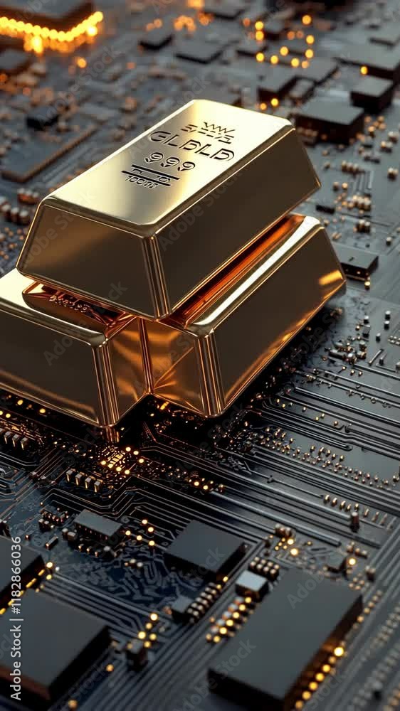 Poster gold bars resting on a circuit board with intricate electronic components and glowing connections at