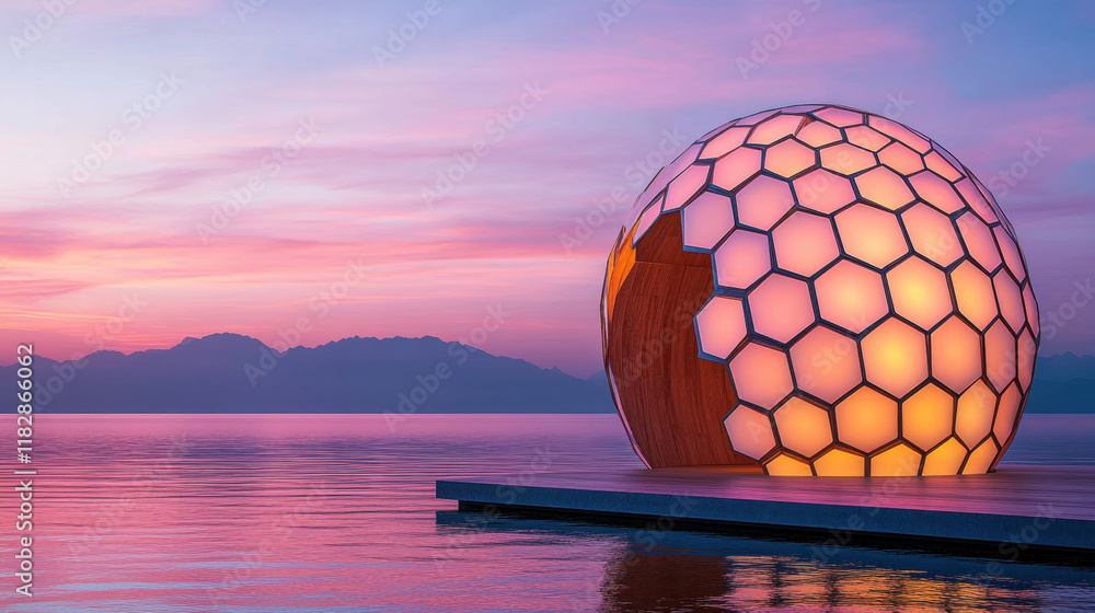 Poster parametric design, a pastel-hued floating parametric dome showcasing intricate design elements in a 