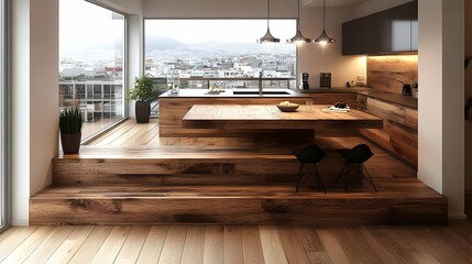 Modern Kitchen Interior Design Showcases Wooden Elements with City View and Stylish Lighting Fixtures