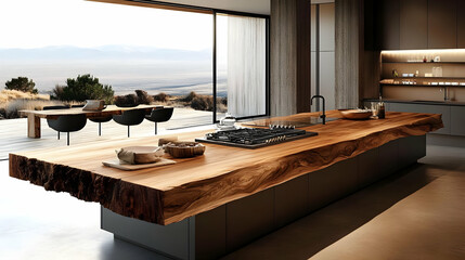 Modern Kitchen Interior Design Showcases Live Edge Island with Scenic View